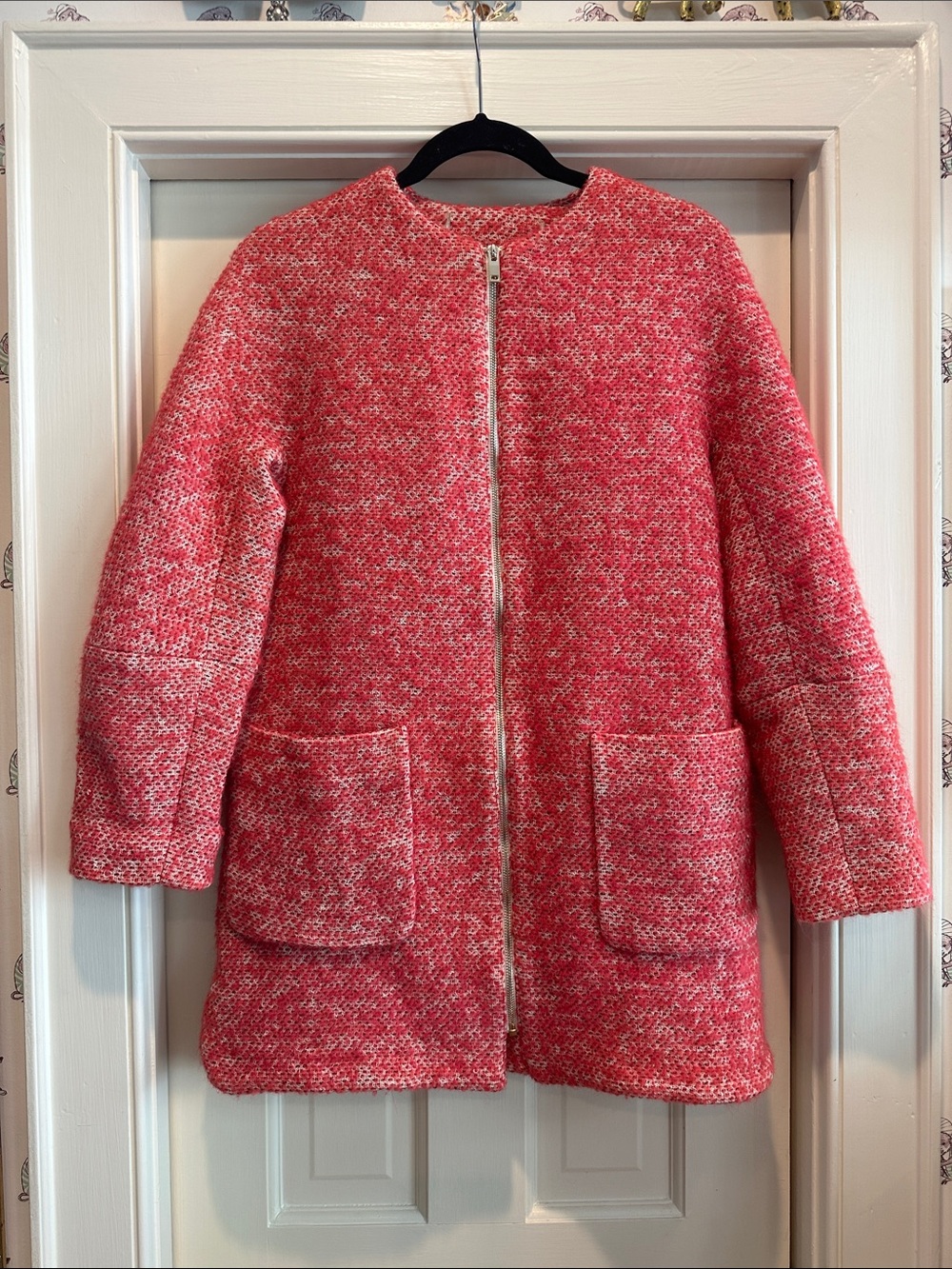 Zara Pink Tweed Zip-Front Pea Coat